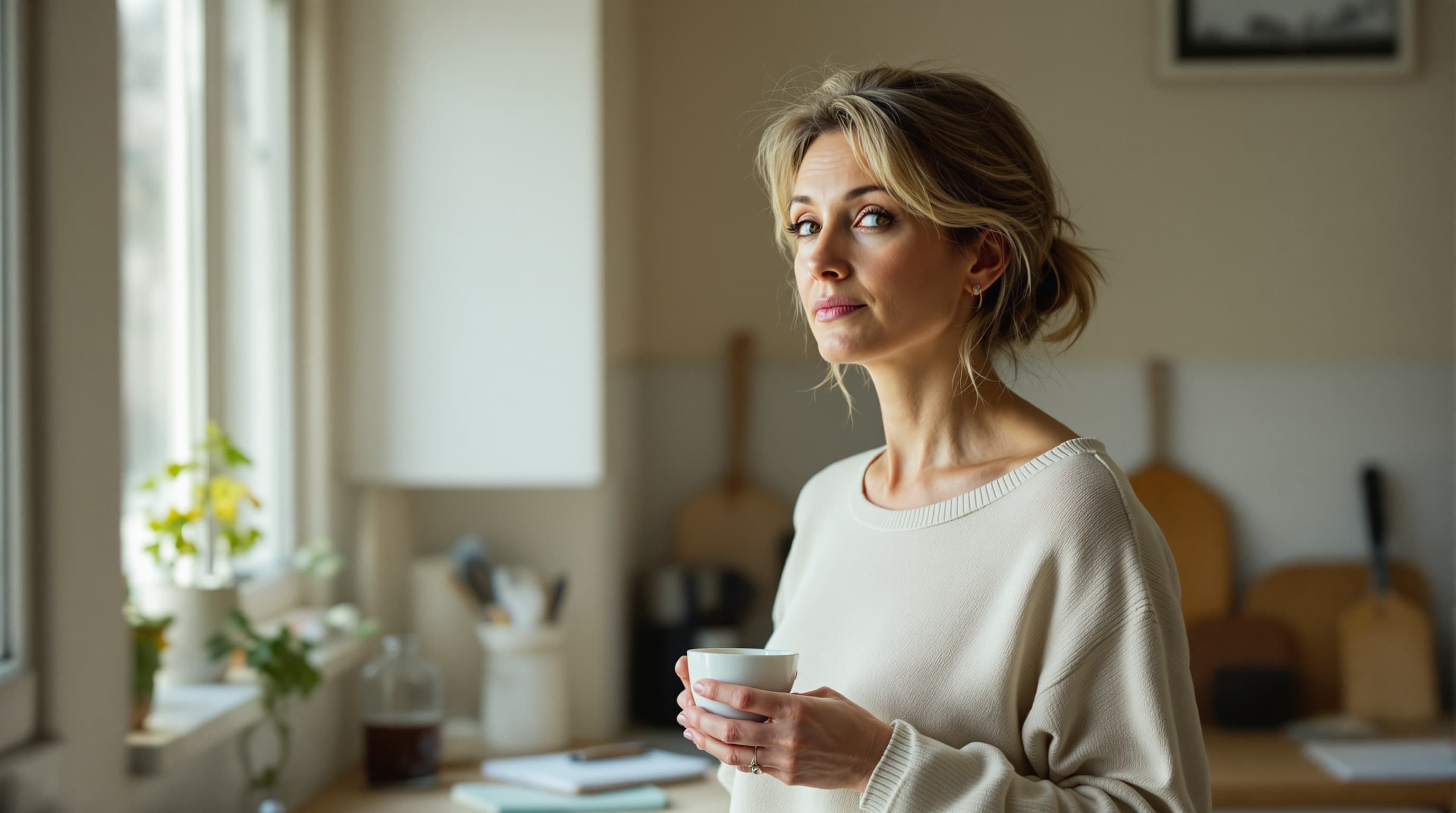 Frau am Küchenfenster, Mittvierziger, einen Moment der Stille mit warmer Tasse